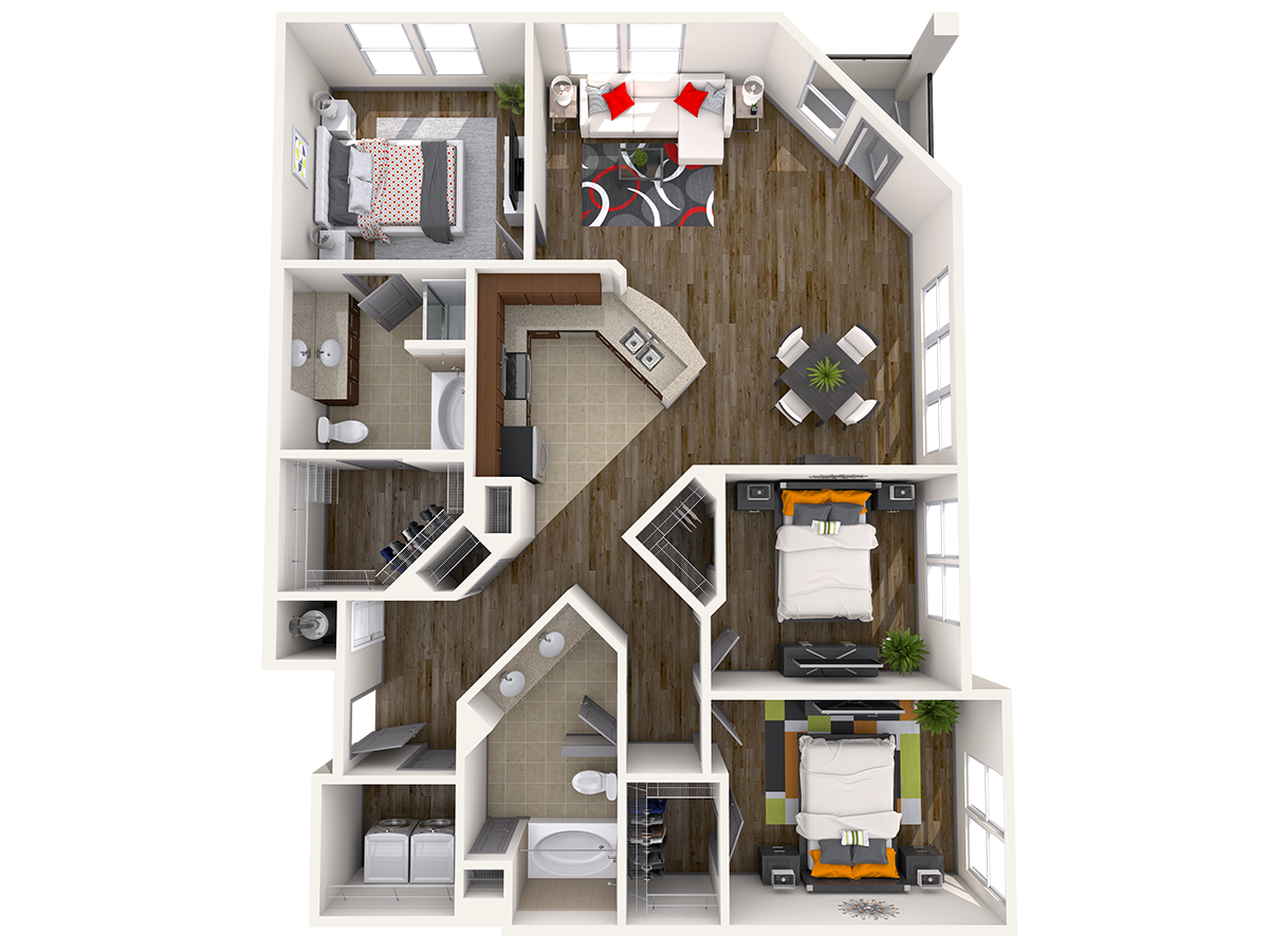 Floor plan for 3 beds, 2 baths, 1400 sqft